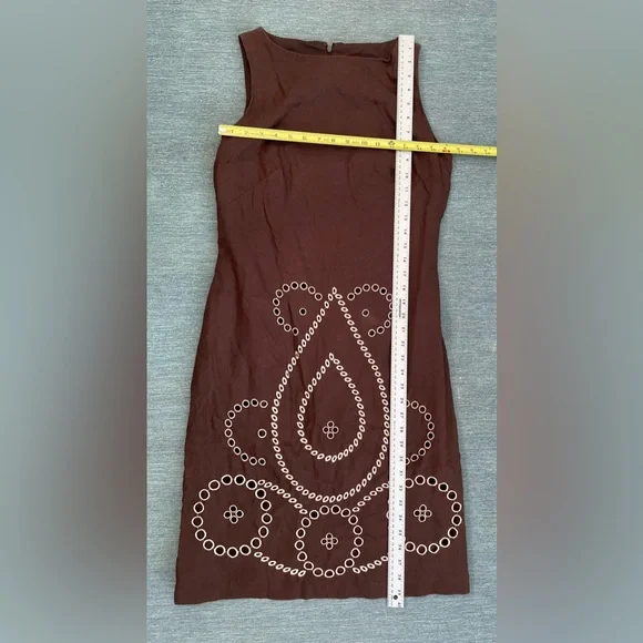 SAAC MIZRAH Brown Eyelet Linen Knee length Dress Size 10 - Picture 4 of 16
